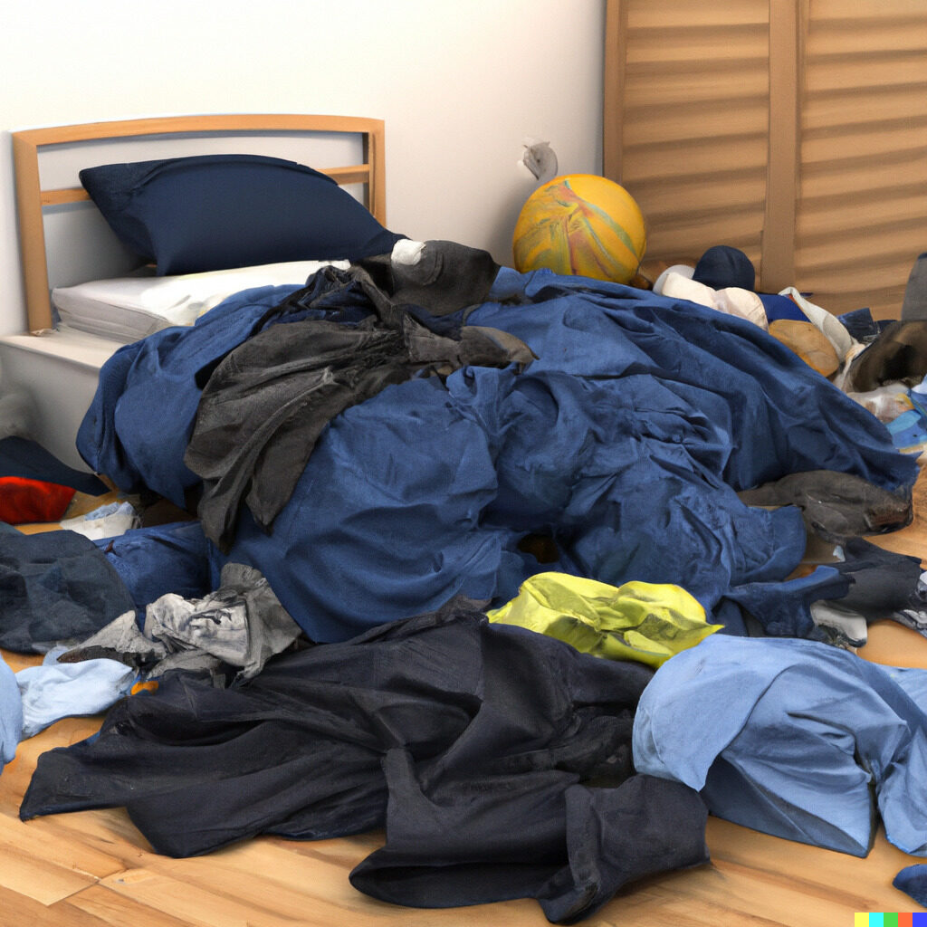 3D Render of a messy bedroom with dirty clothes on the floor, an unmade bed, etc.