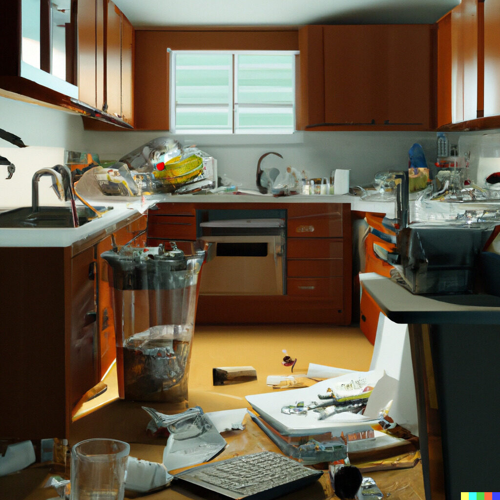 3D render of a very messy kitchen with stuff all over the floor.