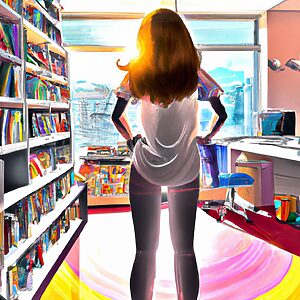 Colorful computer-generated illustration of a woman with long hair and white t-shirt, her back turned to us as she stares beyond her full bookshelf out the window.