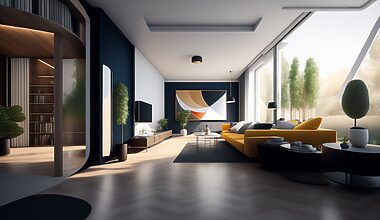 AI artwork of a detailed isometric living room with natural light, white walls, hardwood floors, Vitra fused with mid century style furniture and hardwood flooring. Large floor to ceiling windows with greenery outside.