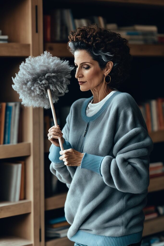Original ai artwork of a chic woman in her late 40s, wearing an oversized grey jumper and holding an ostrich feather duster. She's standing in front of her large bookcase in a naturally lit room, taking pause from dusting, one of her 10 tidy habits for keeping her home clean.