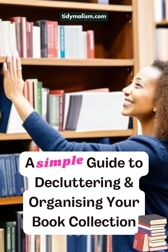 Black woman standing in front of her crowded bookshelf with a smile on her face as she reaches up to grab the books off and re-organise them. Computer-generated image for an article about questions to ask when decluttering books.