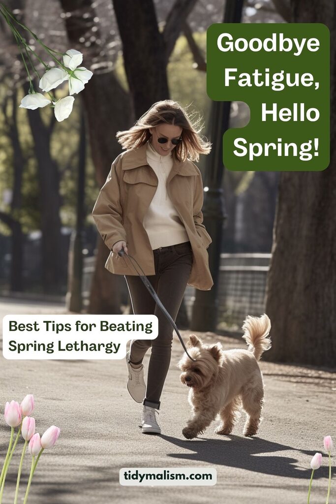 The casual yet chic style of a woman taking a walk on a spring day, accompanied by a small dog. The woman is wearing a pair of jeans and a stylish windbreaker from Max Mara, with her hair gently blown by the breeze. The dog is walking beside her, with its tail wagging and tongue out. The natural lighting highlights the textures and colors of the clothing and the surroundings, with soft shadows adding depth to the scene. The background features a mix of natural and urban elements, emphasizing the contrast between the woman's elegant style and the dynamic environment. The photograph captures the woman's confident and relaxed attitude, as well as the bond between her and her furry companion. The viewer is invited to imagine themselves on a leisurely stroll on a beautiful spring day, appreciating the small but meaningful moments in life.