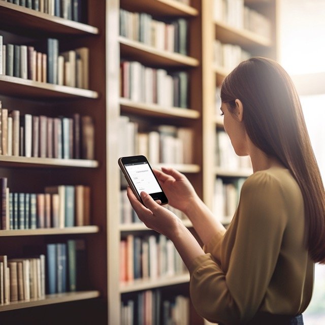 AI artwork created by Jenna from tidymalism.com depicting a young woman standing in her home library and using an app on her smartphone to catalog her book collection.