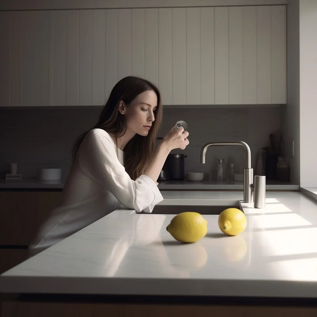 Computer generated image capturing the modern and minimalist aesthetic of a woman in a loft-style kitchen with white walls and cabinetry, drinking a glass of water with a lemon wedge. The woman is standing near a countertop or a sink, with a glass of water in her hand, and a slice of lemon floating inside. Her posture is relaxed and natural, with her gaze directed at the glass. The bright, direct lighting highlights the clean lines and sharp edges of the kitchen design, creating a sense of spaciousness and elegance. The photograph captures the simplicity and purity of the moment, with the glass of water and the lemon slice providing a refreshing and rejuvenating element to the scene. The viewer is invited to imagine themselves in a similar kitchen, enjoying a moment of hydration and mindfulness amidst the contemporary surroundings.