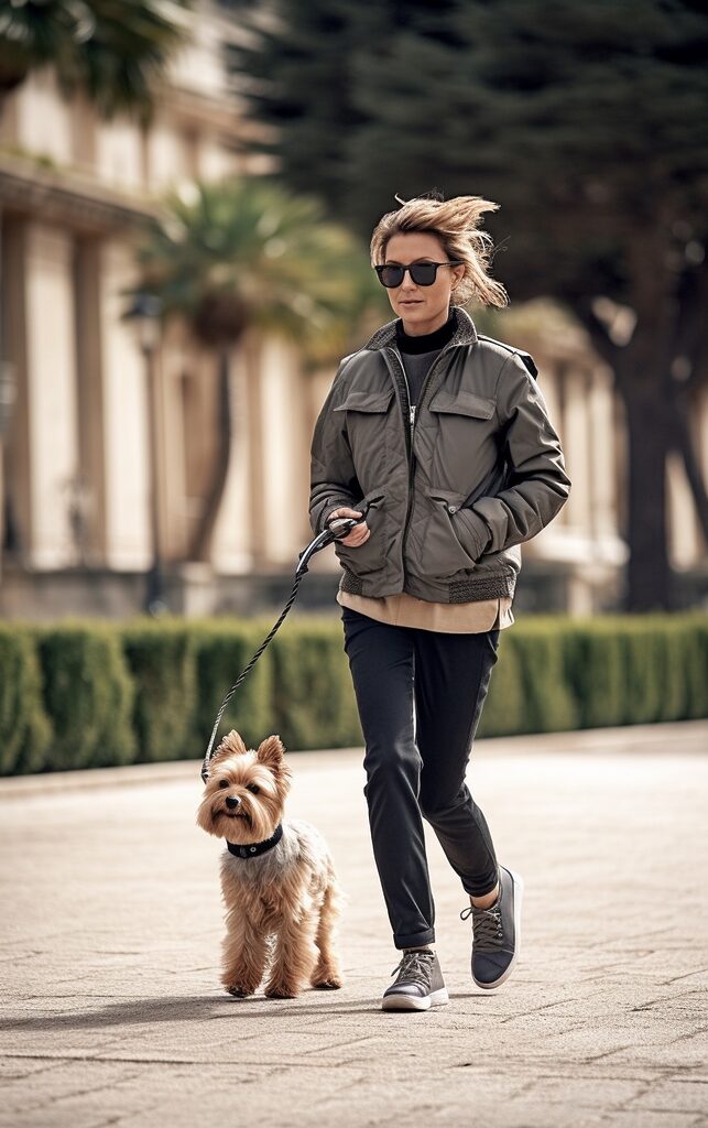 The casual yet chic style of a woman taking a walk on a spring day, accompanied by a small dog. The woman is wearing a pair of jeans and a stylish windbreaker from Max Mara, with her hair gently blown by the breeze. The photograph captures the woman's confident and relaxed attempt to beat her springtime fatigue through outdoor activity.