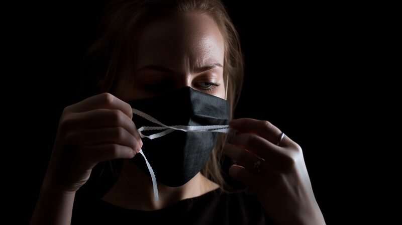 Photograph of a woman donning a black face mask with white ear loops for an article about how to reduce face mask pollution and why you should not flush a mask down the toilet.