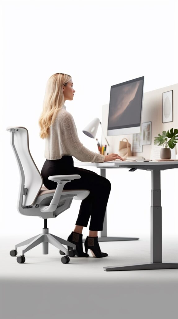 Computer-generated image by Jenna from tidymalism.com showing a woman seated at an ergonomic workstation in her home office.