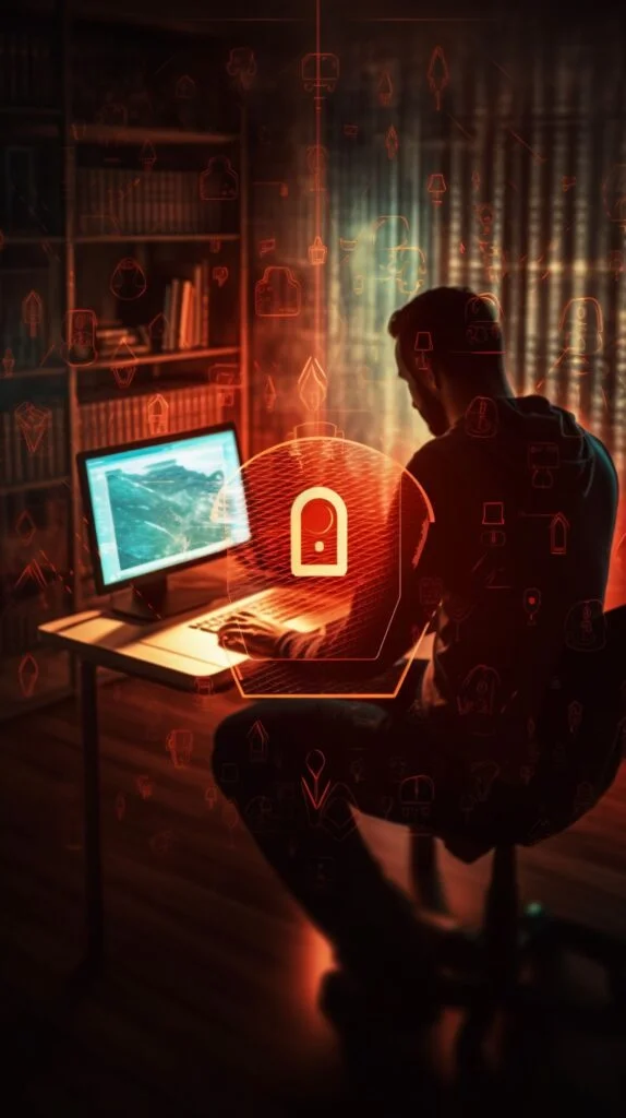 Computer graphic made by Jenna of tidymalism.com illustrating how home office safety tips also need to consider cybersecurity issues.