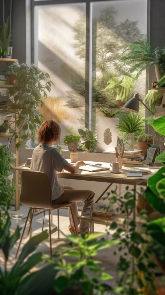 Realistic image of a person sitting at a desk, all around of which plants are growing out of control. Illustration by Jenna from tidymalism.com.