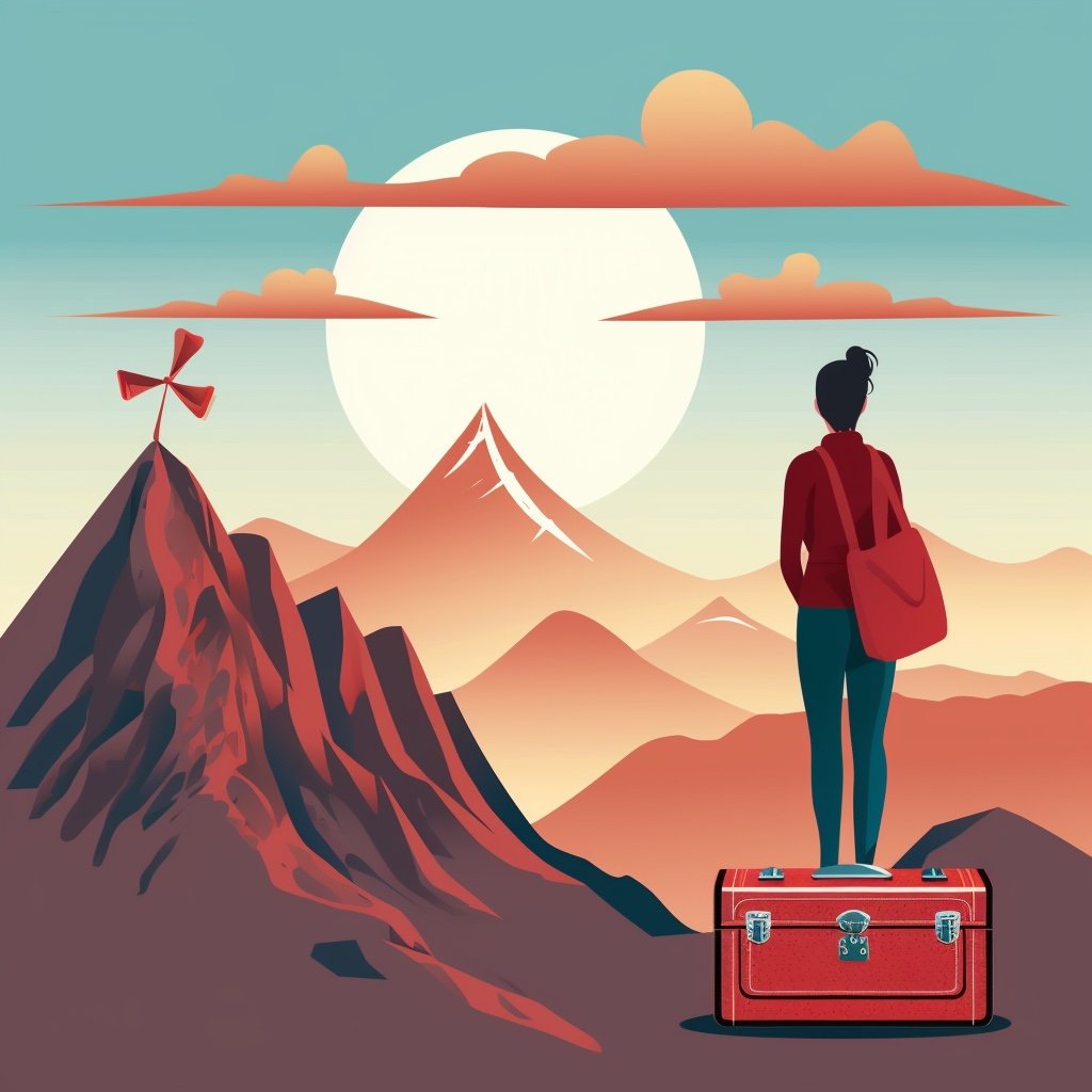 Illustration by Jenna from tidymalism.com of a woman standing on a shipping box atop a mountain, looking off to the horizon, with a rucksack slung over her shoulder.