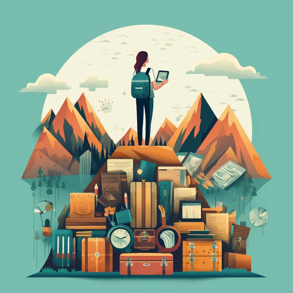 Illustration by jenna from tidymalism.com of a woman standing atop a mountain of books, notes, suitcases. She has a backpack on her back and is holding a tablet as she looks across over a mountain range. Image illustrates her journey of leaving Evernote, her longstanding note-taking app.
