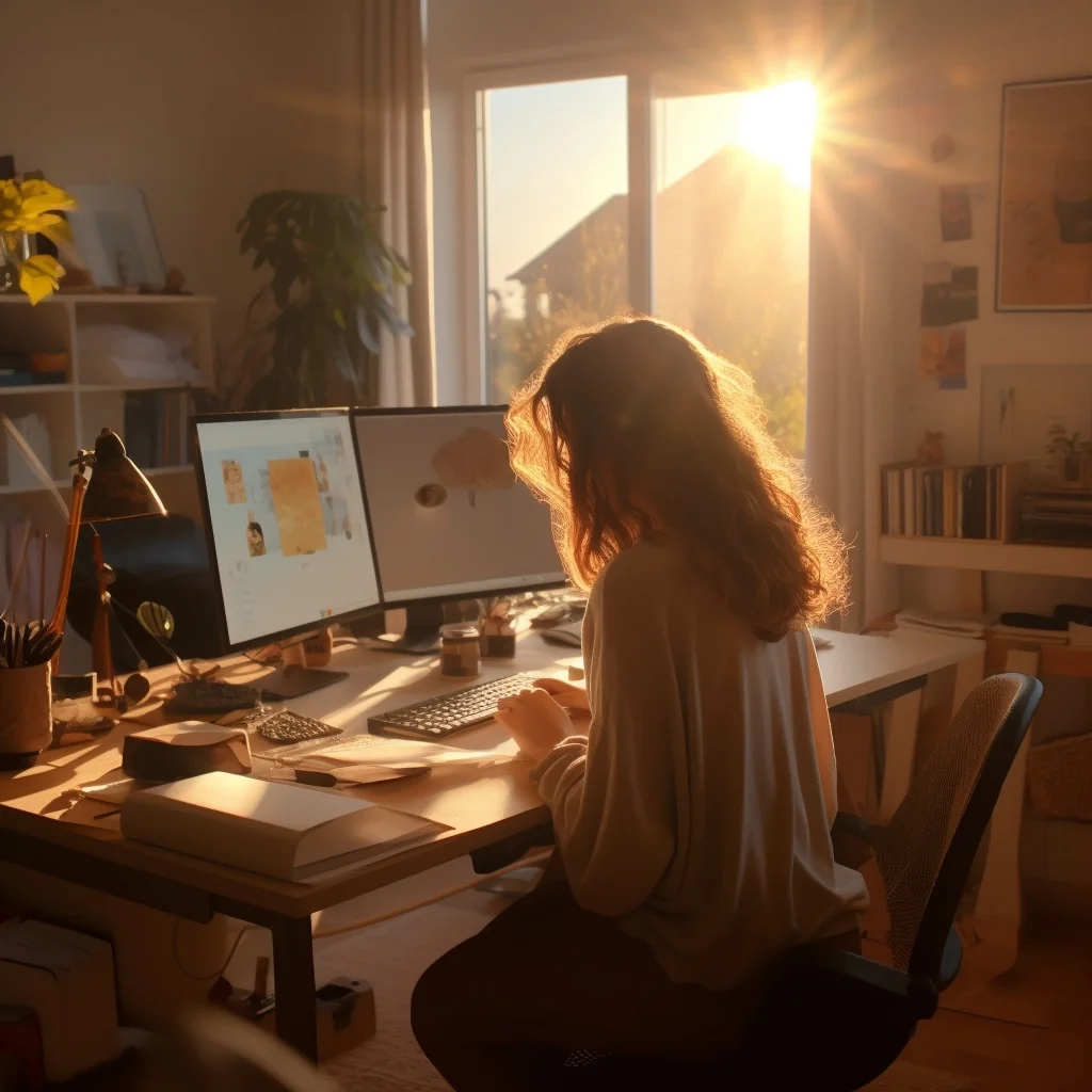Photorealistic portrait of a young woman from behind, working at her computer in front of a window with soft natural light coming in. Image created by Jenna from tidymalism.com.