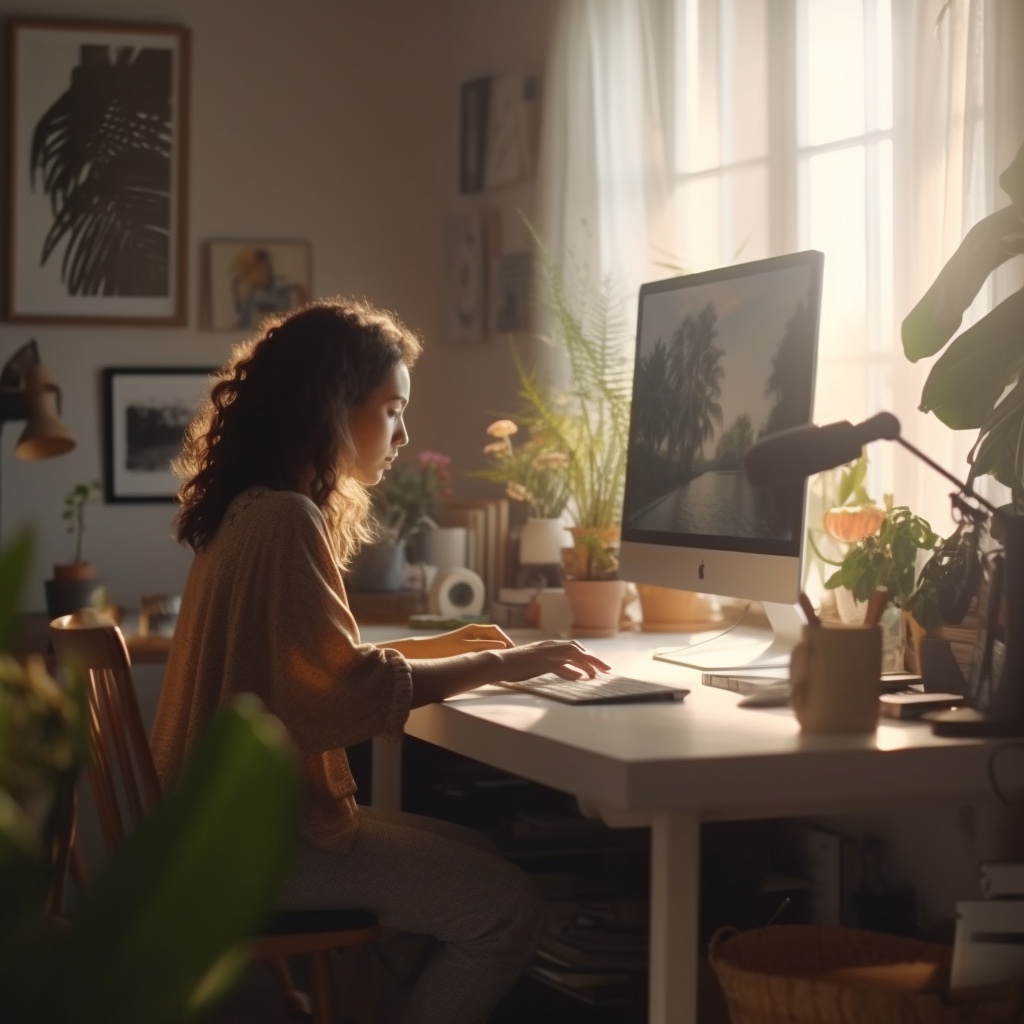 Photorealistic profile portrait of a young woman working at her computer in front of a window with soft natural light coming in. She has many plants around her desk and looks concentrated. Image created by Jenna from tidymalism.com.