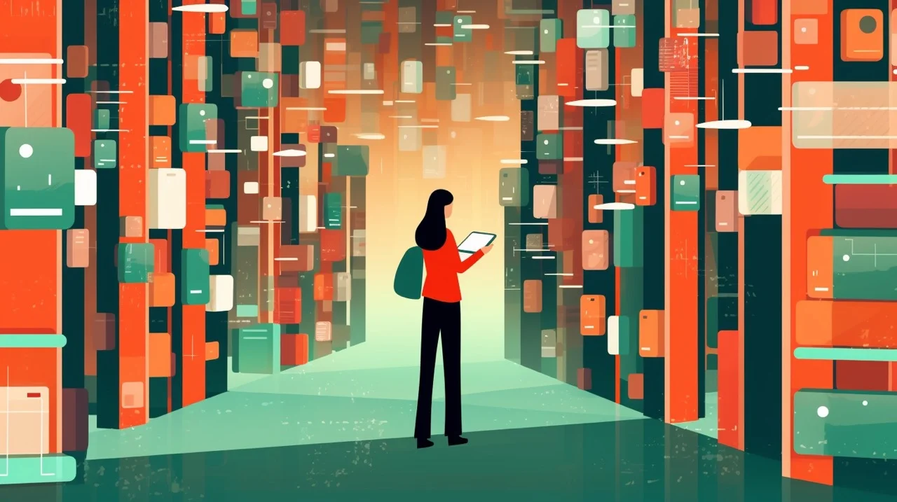Predominantly red and green-hued illustration by jenna from tidymalism.com of a woman holding a tablet, surrounded by walls of abstract notes and books to illustrate her journey of leaving Evernote, her longstanding note-taking app, and moving to Devonthink.