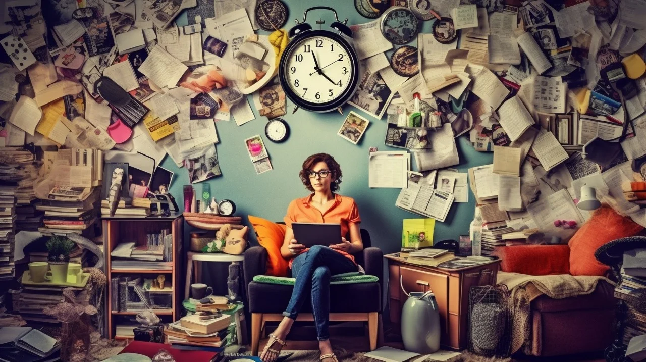 Midjourney image by Jenna from tidymalism.com showing a person in a cluttered room, surrounded by items that need to be sorted and organized. The person should be holding a timer or calendar, indicating the timeframe or duration of the challenge. Convey a sense of motivation to inspire readers to participate in a 30 day decluttering challenge.
