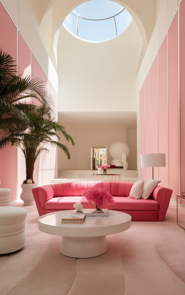 Modern, luxurious interior with a Barbiecore aesthetic illustrating Barbiecore interior design with bubblegum pink seating, white coffee table and poufs, baby pink wall panelling, soft blush pink carpeting, two palm trees and a massive skylight letting in some indirect sun.