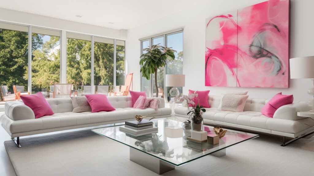 Modern, luxurious interior with a Barbiecore aesthetic illustrating Barbiecore interior design with some hot pink accents in a predominantly white space.