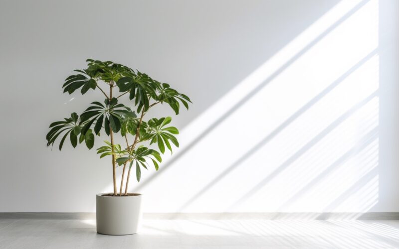 An empty white room with one solitary Schefflera plant and bright natural light streaming in through the white Venetian blinds.