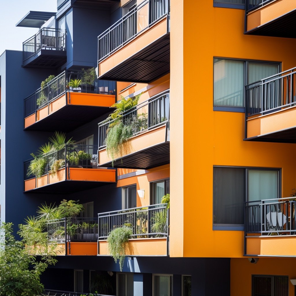 Multi-tenant apartment building in a warm orange tone combined with dark blue-grey trim. Each unit has a balcony with modern, matching grey-blue railings. Some of the balconies have big, lush green plants on them.