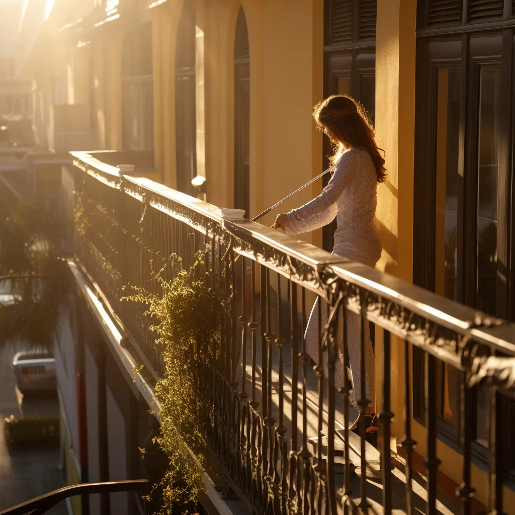 Woman cleaning balcony railing in morning sunlight.
