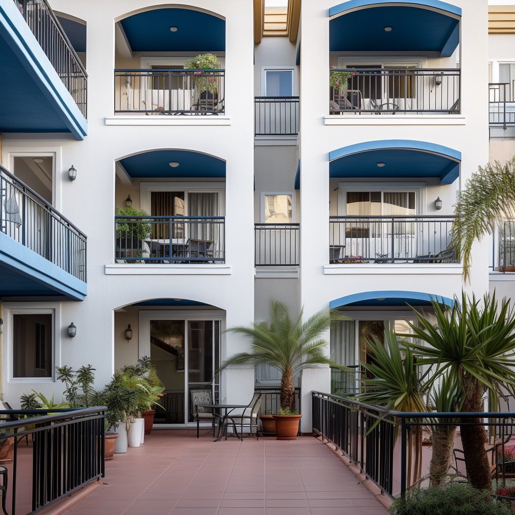 Multi-tenant building, perhaps in Spain or Florida, each unit with a loggia and simple metal balcony railing.