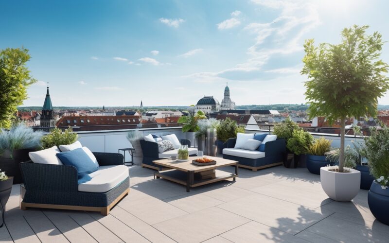 Large spacious rooftop patio in a European city for an article with the best tips on how to clean your apartment patio or condo balcony.