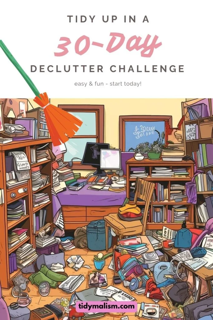Illustration of a messy room before starting a 30 day decluttering challenge