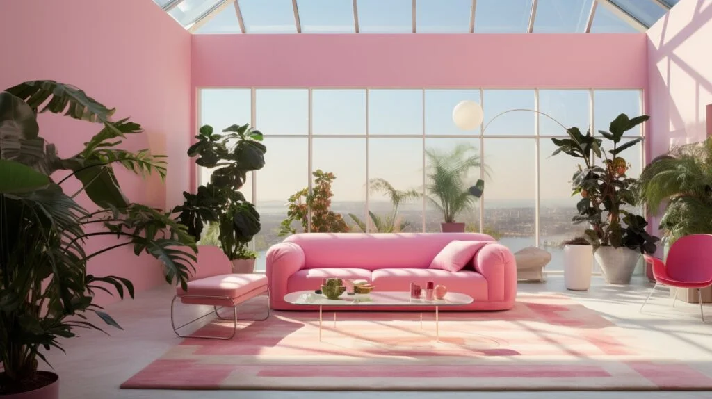 A bright and sunny living room with glass ceiling and large floor to ceiling windows on a higher floor overlooking the water. There are tropical ferns and trees in between the bubblegum Barbiecore aesthetic pink couch and the large windows.
