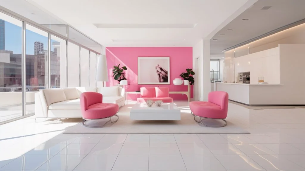 A predominantly white, very modern and spacious loft condo with a Barbie pink accent wall and three Barbiecore aesthetic bubblegum pink chairs around a white couch.