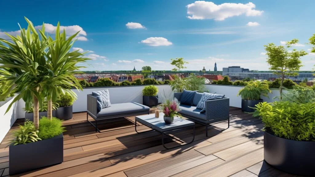 A sunny day on a rooftop patio that has wood flooring, large container plants, and weatherproof grey furnishings.