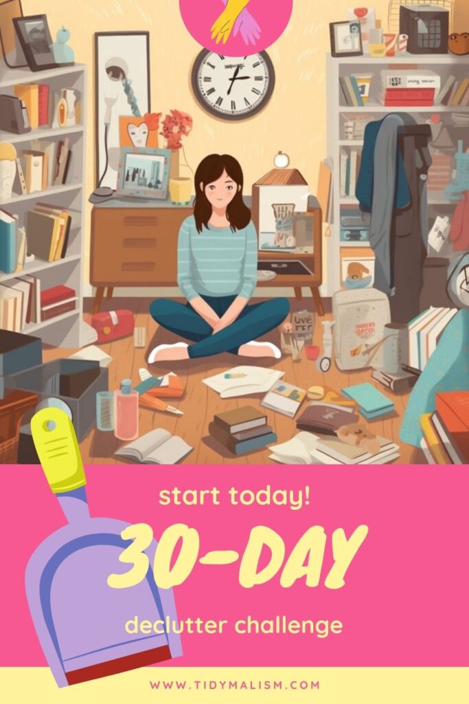 Illustration of a girl sitting cross-legged on the floor of a messy room before starting a 30 day decluttering challenge
