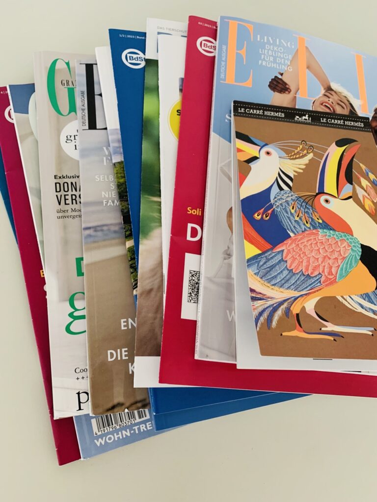 A stack of colorful magazines.