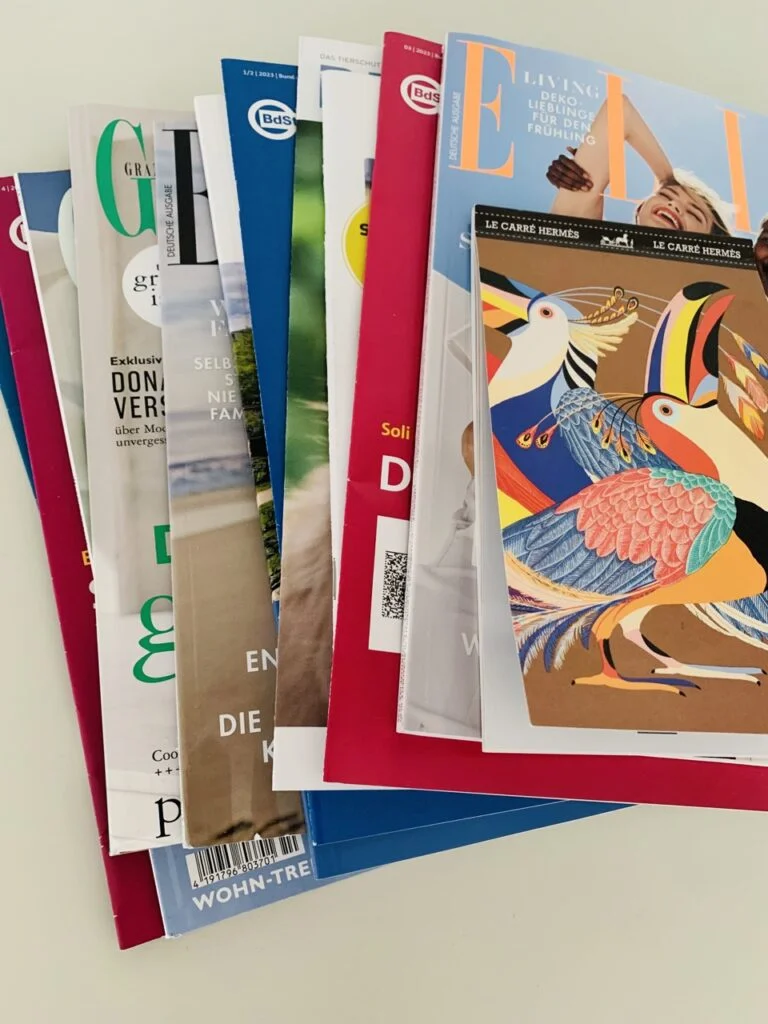 A stack of colorful magazines.