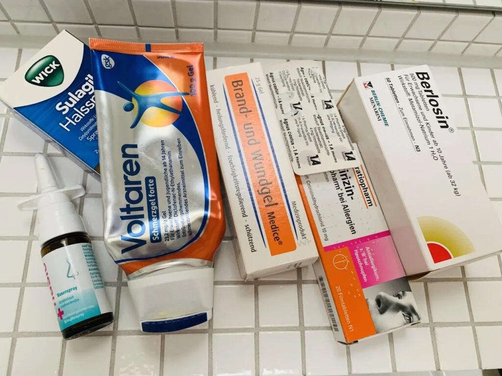Expired medicines decluttered from home medicine cabinet.