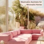 Modern, luxurious interior with a Barbiecore aesthetic illustrating Barbiecore interior design. Blush pink modular couch and baby pink wall colour, with floor to ceiling windows overlooking an Arizona-type outdoor yard landscape.