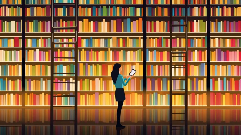 Colourful digital illustration of a woman with long dark hair standing in front of a massive floor to ceiling bookcase, looking down at her smartphone for the best book catalogue apps.