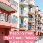 Miami-style apartment buildings in a typical flamingo pink colour, each unit with a rounded balcony and white railing.