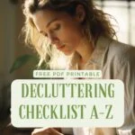 Woman sitting at her desk working through a free printable decluttering checklist she downloaded to declutter her household.