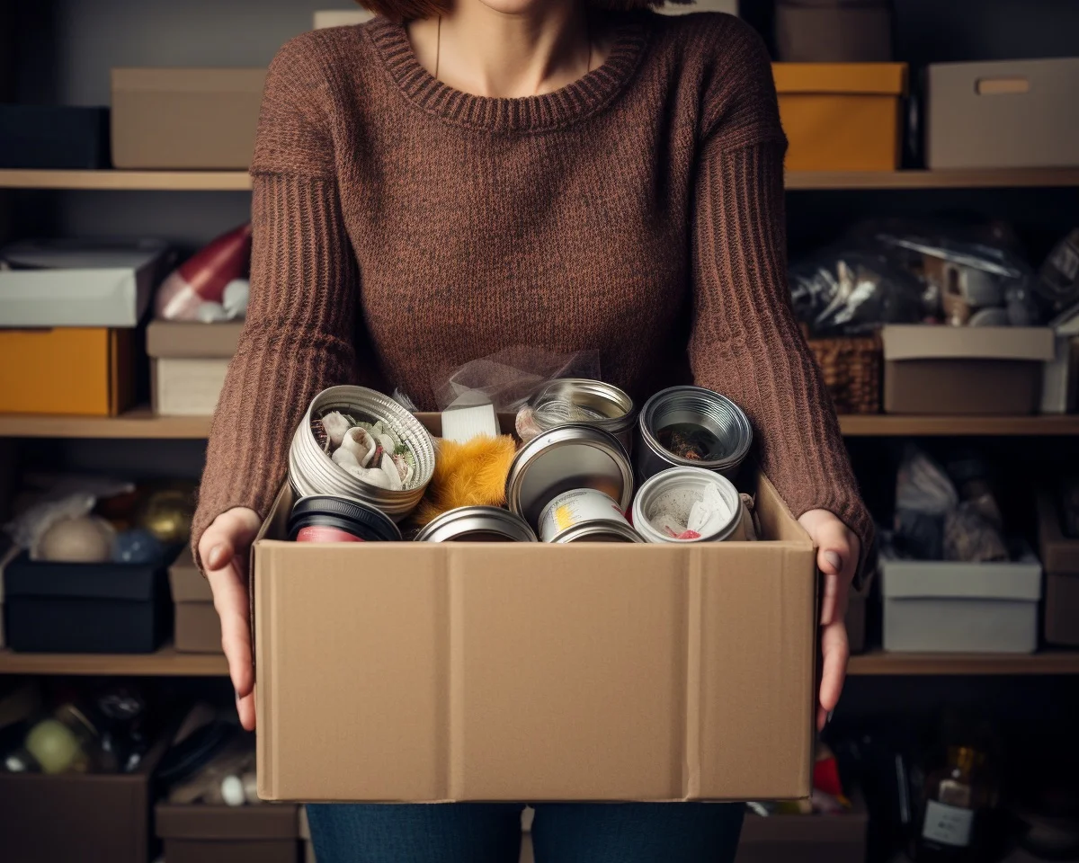 Woman carrying a box of clutter she sorted out in week one of a simplified declutter challenge.