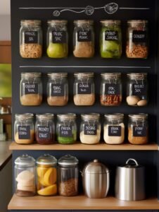 Small kitchen ideas to maximise space include utilising empty glass jars for spices, and using a narrow ledge or shelf to house them like in this picture.