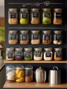 Small kitchen ideas to maximise space include utilising empty glass jars for spices, and using a narrow ledge or shelf to house them like in this picture.