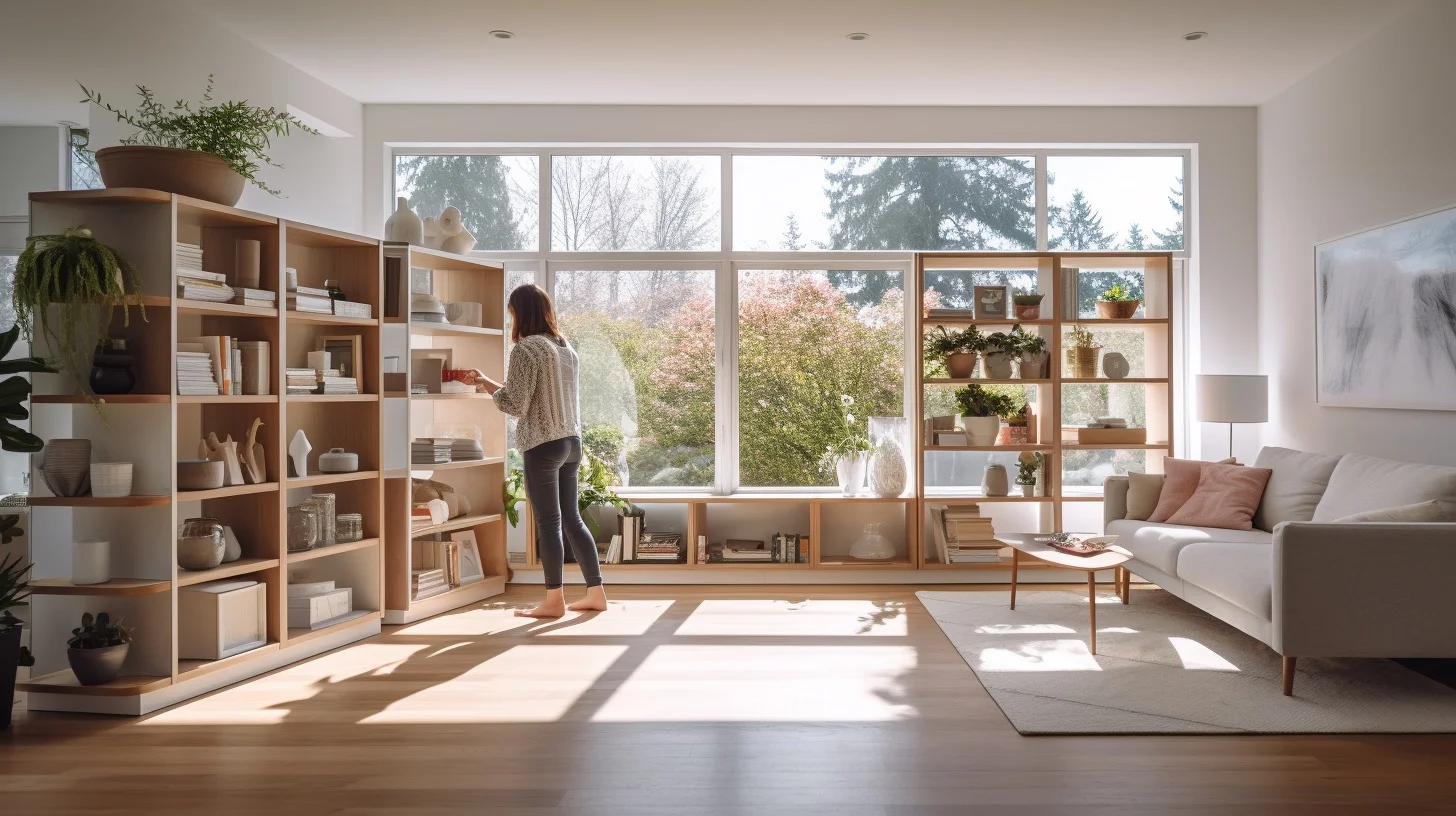 Photorealistic image of a woman decluttering her shelving unit for a minsgame challenge.