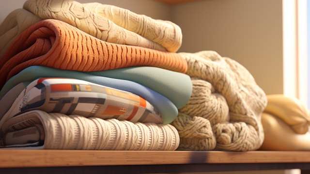 A pile of wool jumpers stored on a closet shelf