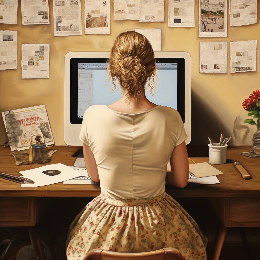 Illustration of woman from behind at her computer workstation.