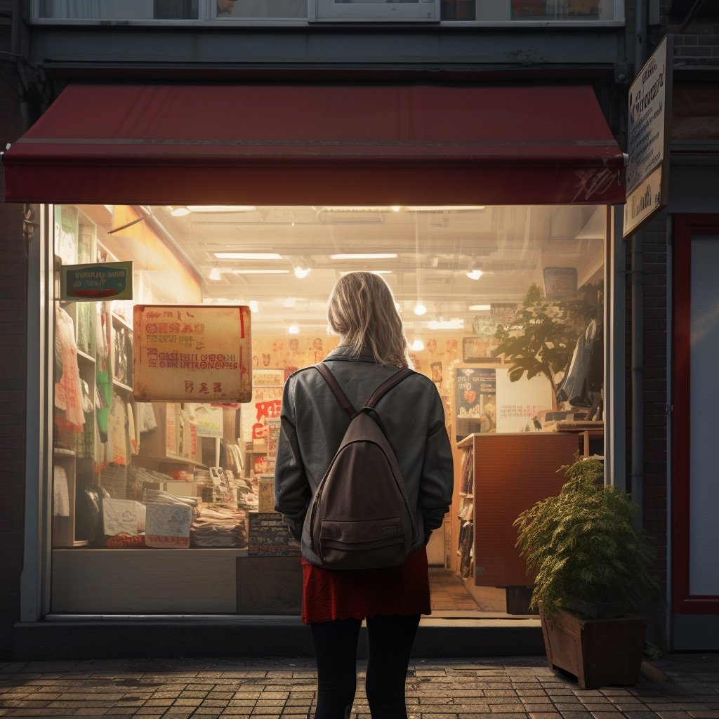 A woman standing outside a brightly lit shop window in the evening, looking in. She is doing a low buy year, so she is not going inside the shop.