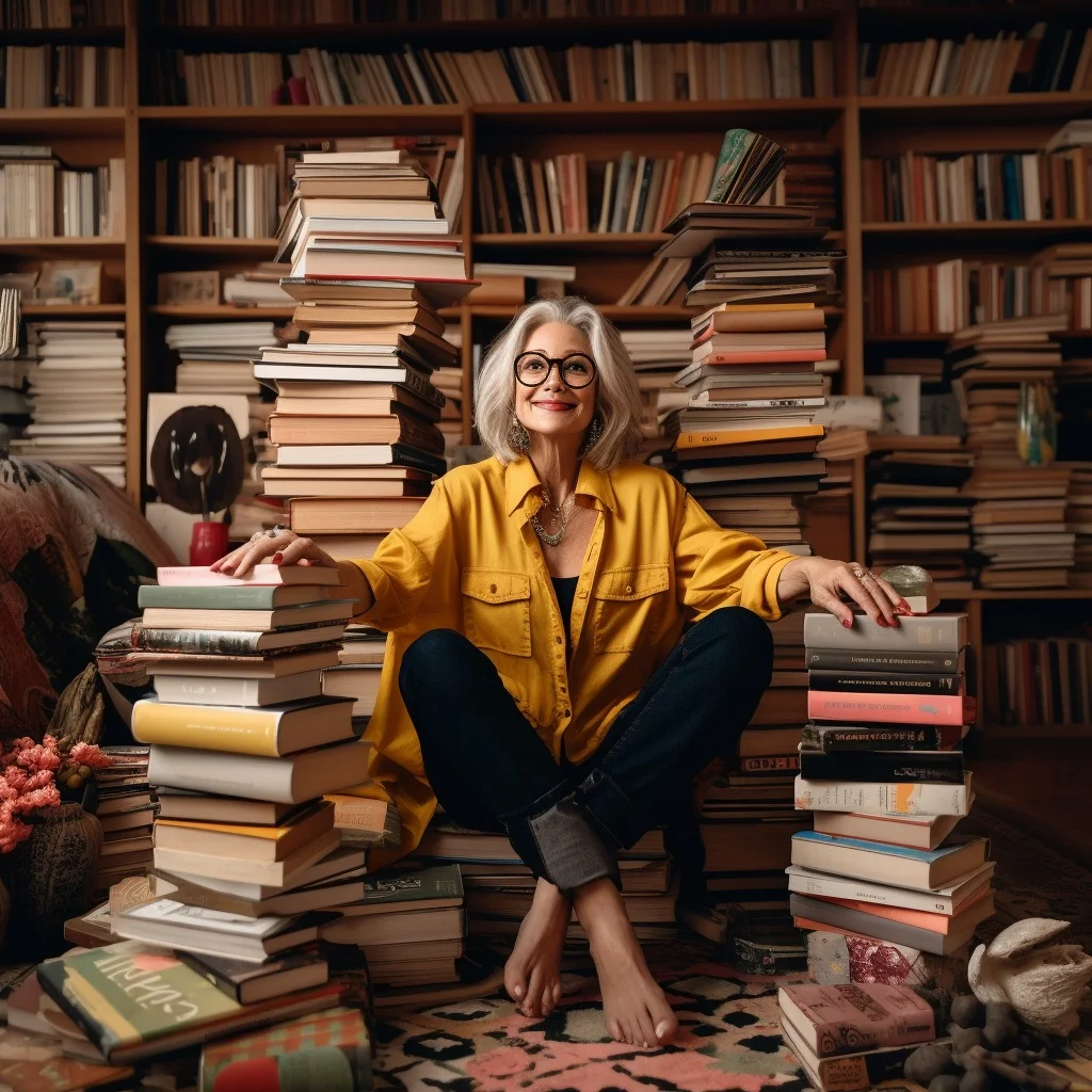 Attractive woman with long bob grey hairstyle, yellow blouse and dark blue jeans, sitting barefoot amidst a huge book collection she wants to declutter as the next step on her Swedish death cleaning checklist.