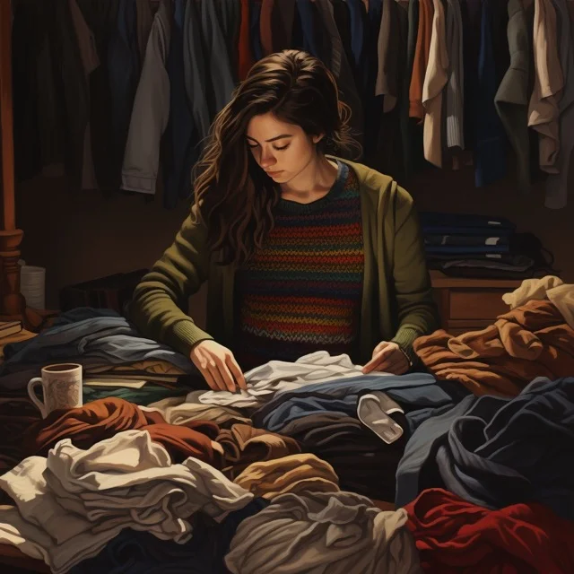 Young woman sitting on the floor of her closet sorting through her knitwear.