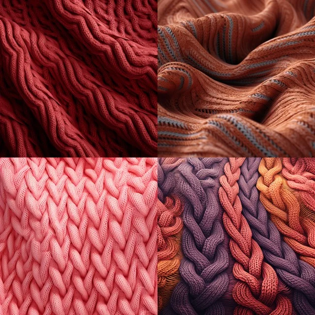 Detailed illustration of different types of knitwear in red, purple and pink hues.