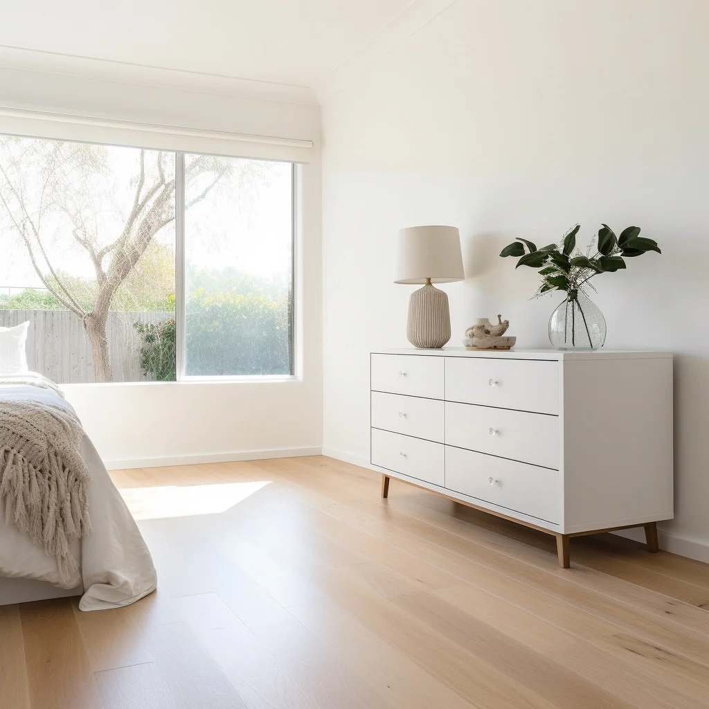 Photo of a modern, white bedroom where we can only see the edge of a relaxing bed and a white chest of drawers with a table light and vase with greenery. The floors are light birch laminate.